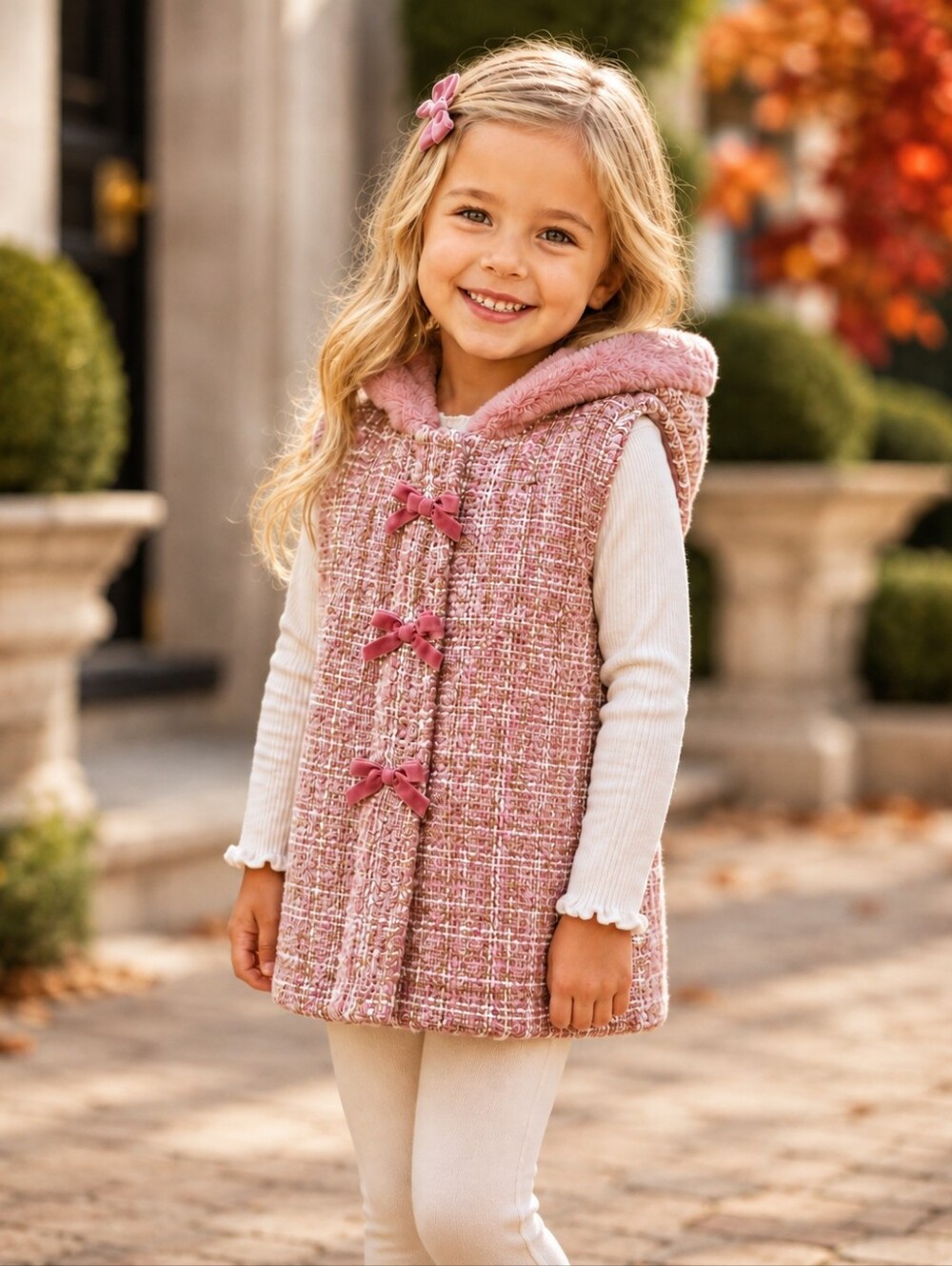 Nicole Miller New York Girls Size 4 Pink Tweed Faux Fur Hood Velvet Bow Vest